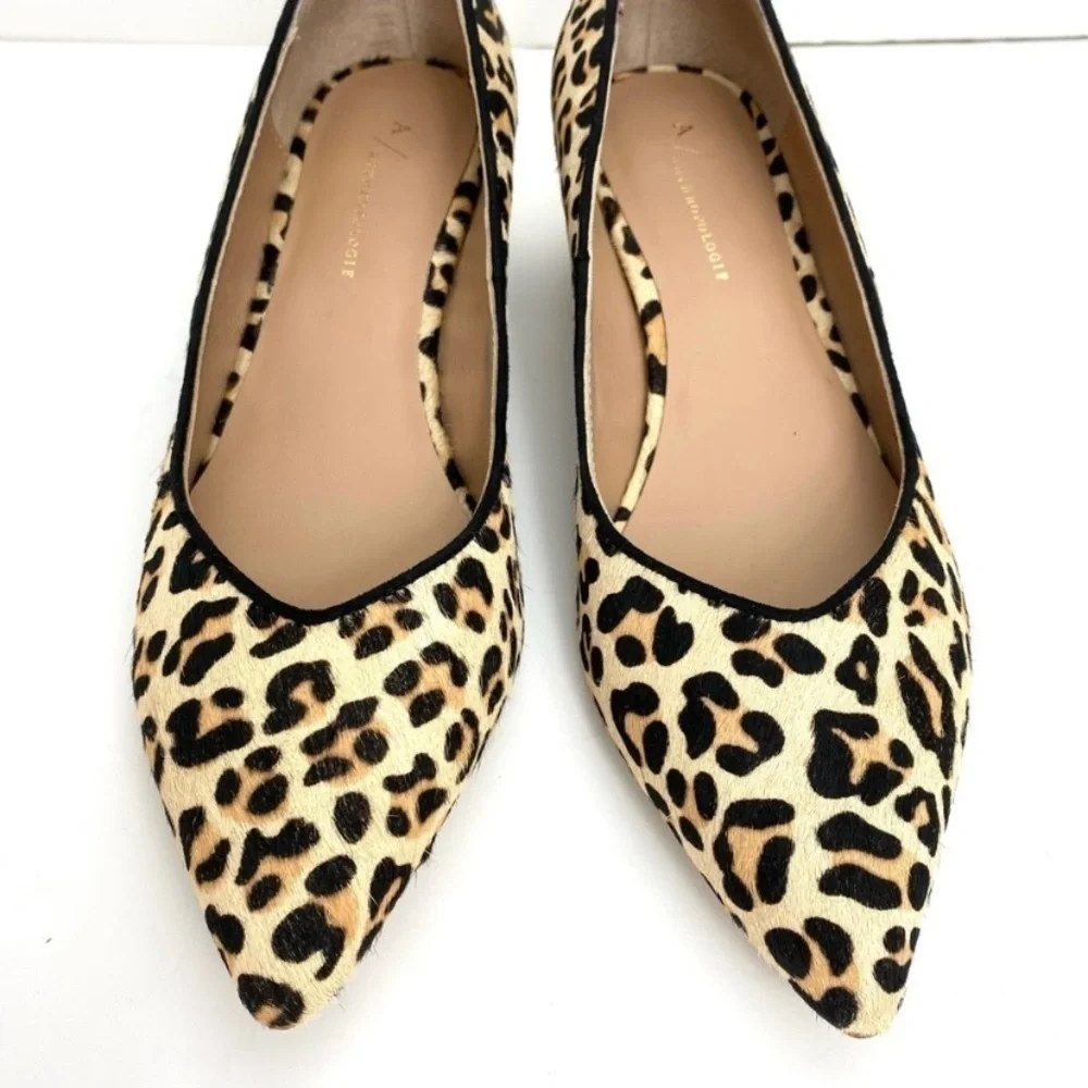 ANTHROPOLOGIE Beatriz Leopard Calfskin Pointed toe Block Heel Pumps in Beige